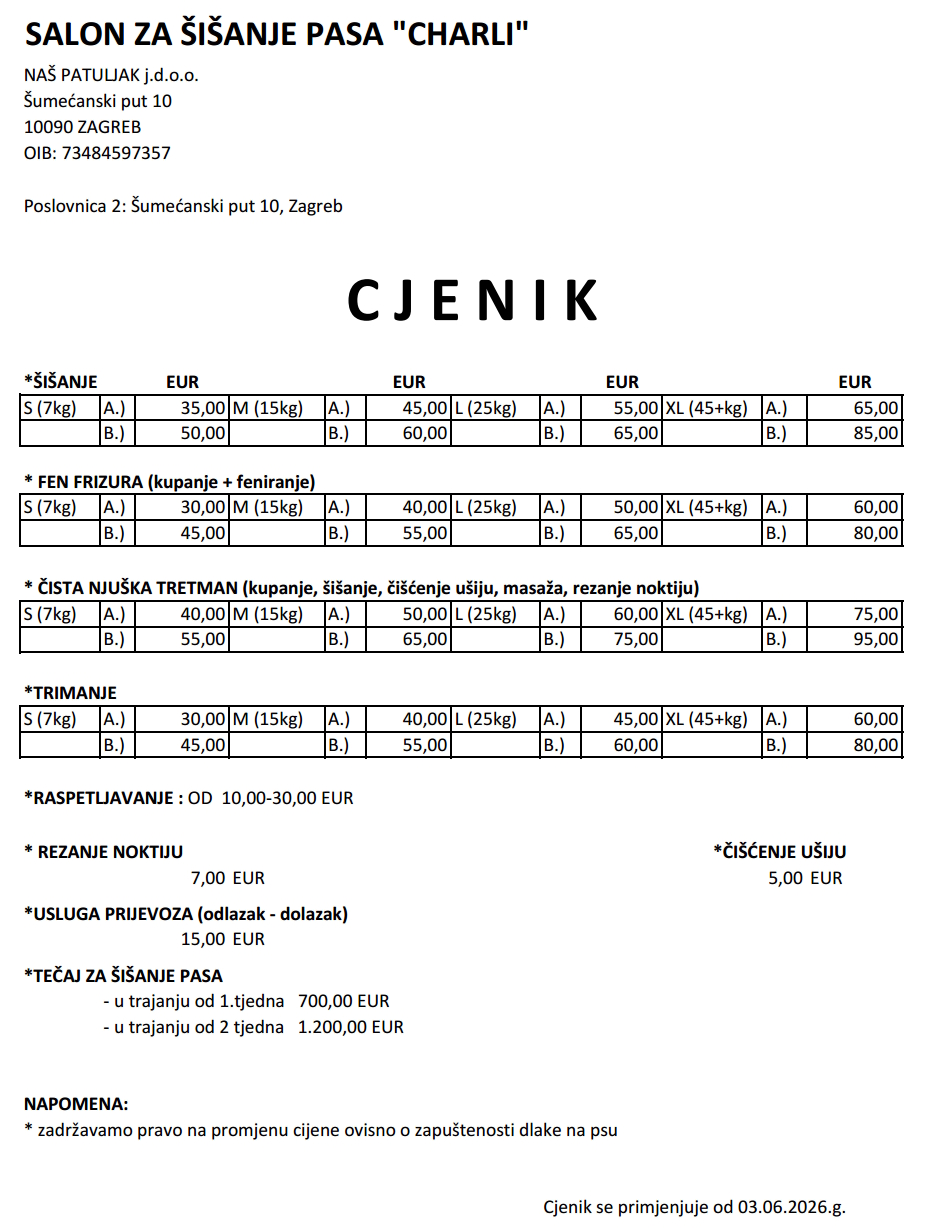 Službeni Charli cjenik od 03.06.2026.